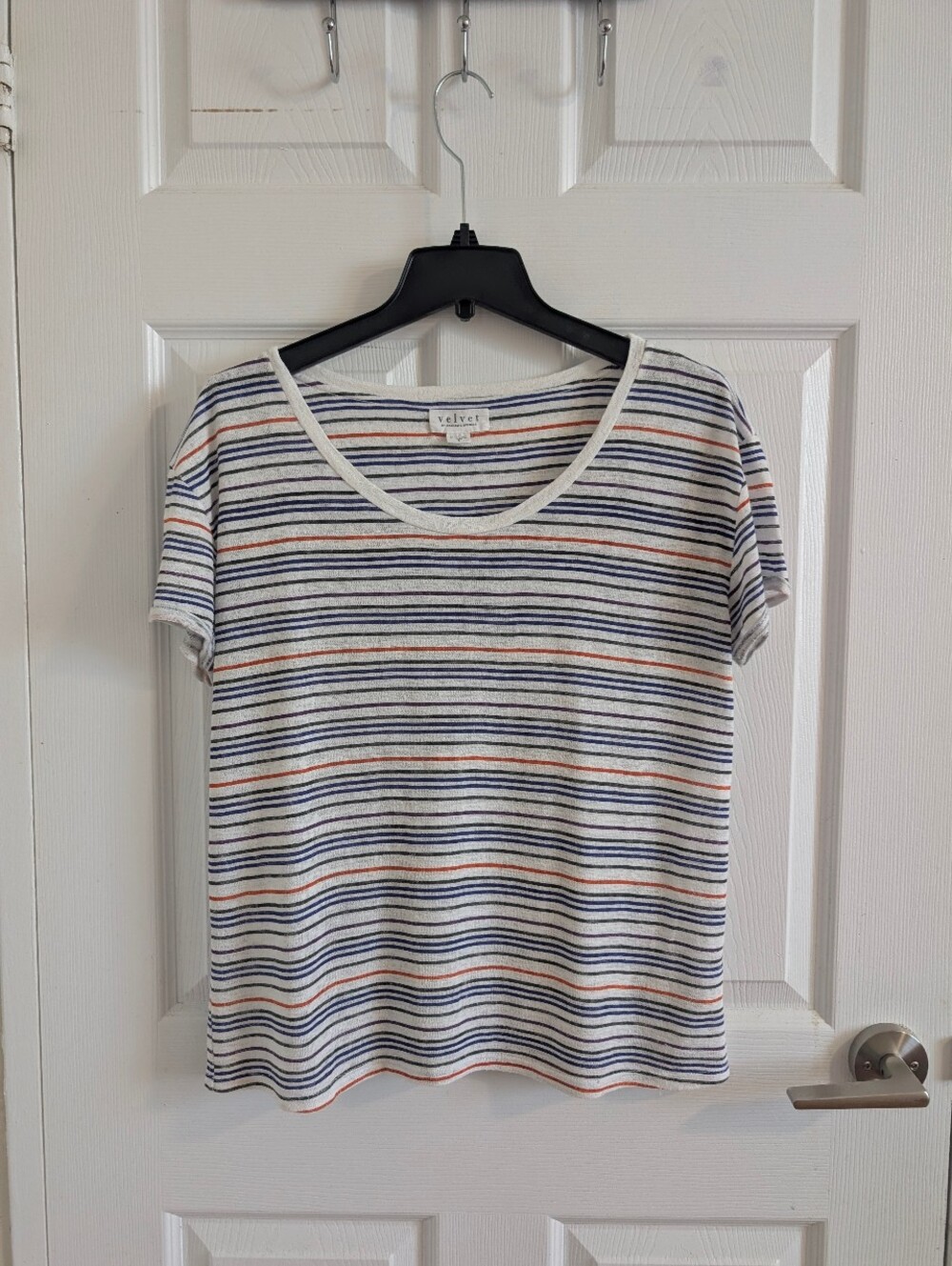 Velvet by Graham & Spencer White Tee with Navy & Orange Stripes viscose - S